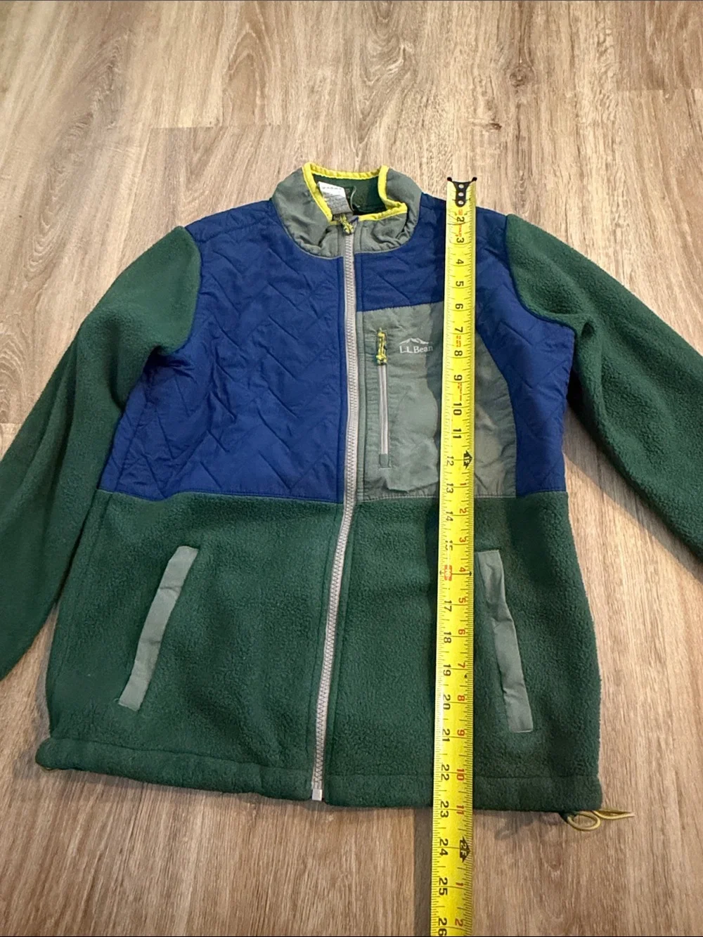 L.L. Bean Kids Quilted Puffer-Panel Fleece Jacket in Forest Green & Navy